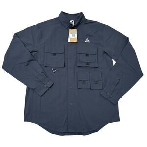 Nike ACG Shirt Mens Medium Navy Blue Button Up Dri Fit UV Devastation Trail Hike